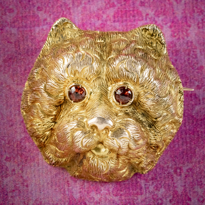 Antique Victorian French Cat Brooch Garnet Eyes 18ct Gold Circa 1880