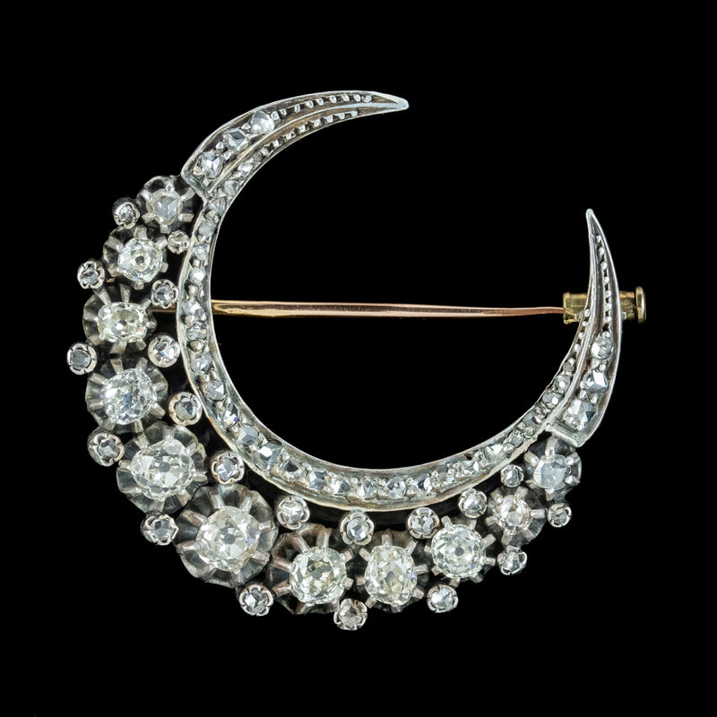 Antique Victorian French Diamond Crescent Moon Brooch 6ct Of Diamond With Box