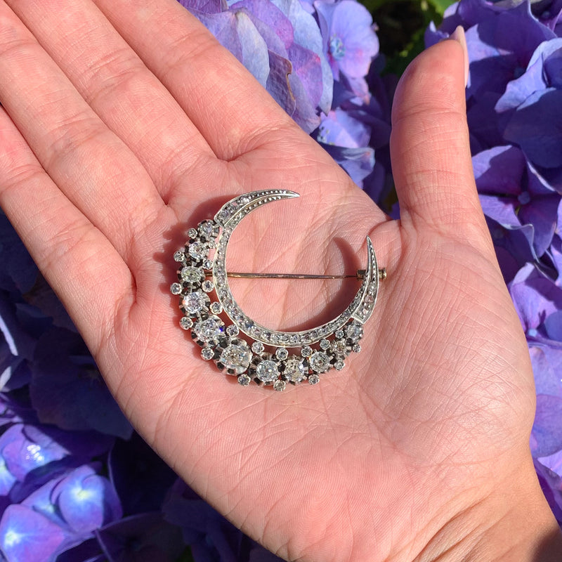Antique Victorian French Diamond Crescent Moon Brooch 6ct Of Diamond With Box