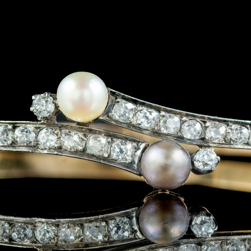 Antique Victorian French Diamond Pearl Toi Et Moi Twist Bangle  18ct Gold