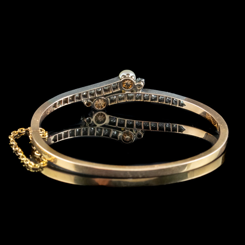 Antique Victorian French Diamond Pearl Toi Et Moi Twist Bangle  18ct Gold