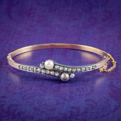 Antique Victorian French Diamond Pearl Toi Et Moi Twist Bangle  18ct Gold