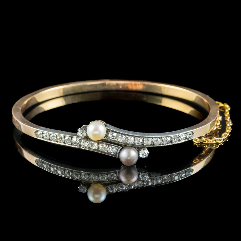 Antique Victorian French Diamond Pearl Toi Et Moi Twist Bangle  18ct Gold