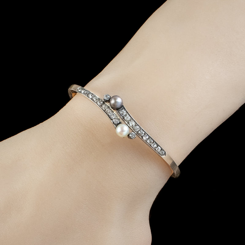 Antique Victorian French Diamond Pearl Toi Et Moi Twist Bangle  18ct Gold