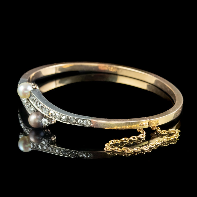 Antique Victorian French Diamond Pearl Toi Et Moi Twist Bangle  18ct Gold