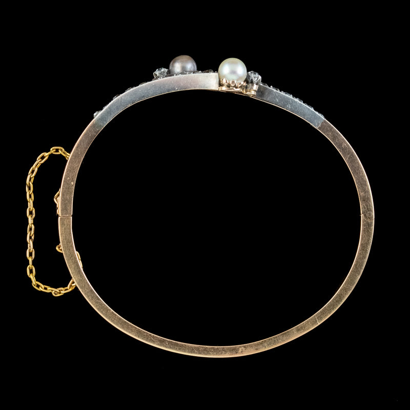 Antique Victorian French Diamond Pearl Toi Et Moi Twist Bangle  18ct Gold