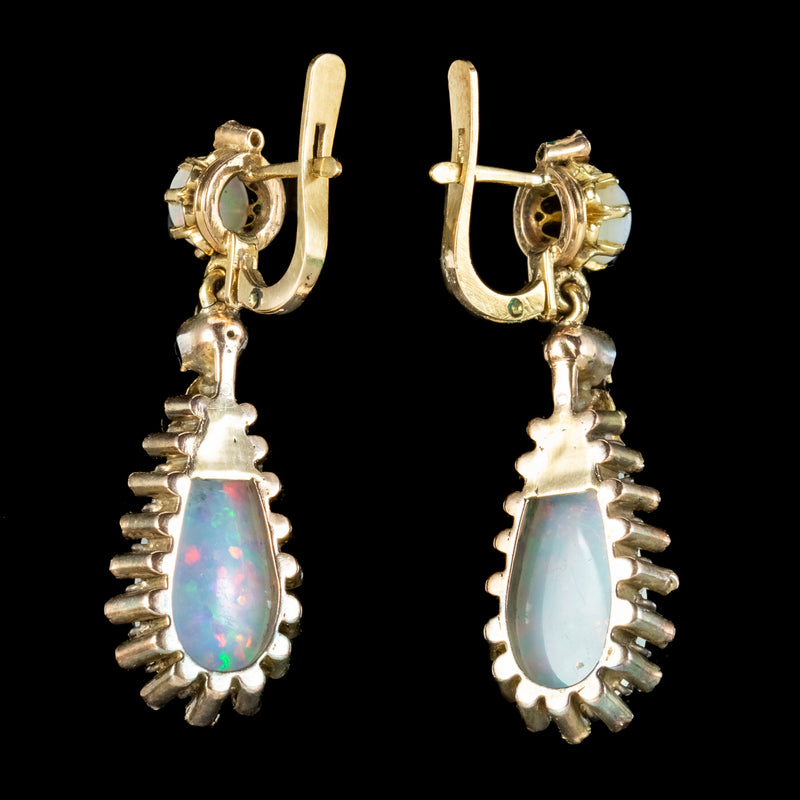 Antique Victorian French Opal Diamond Drop Earrings 18ct Gold