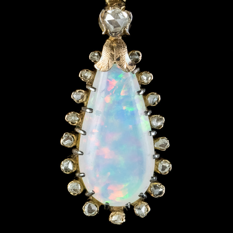 Antique Victorian French Opal Diamond Drop Earrings 18ct Gold
