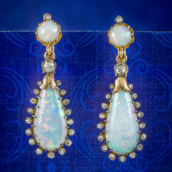 Antique Victorian French Opal Diamond Drop Earrings 18ct Gold