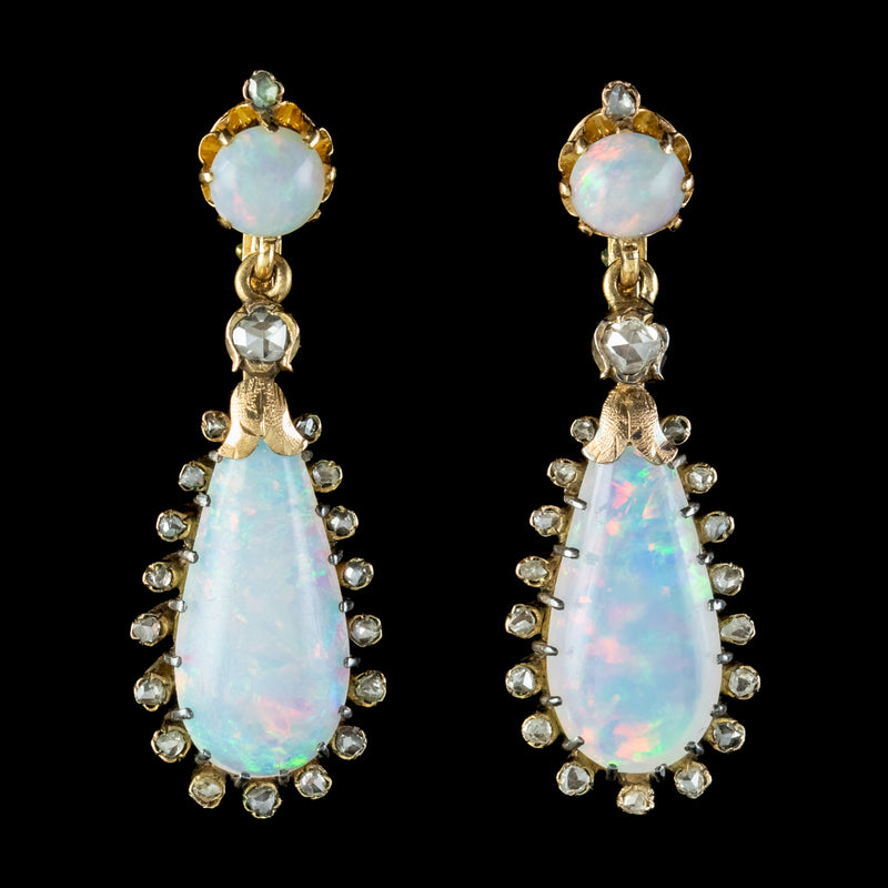 Antique Victorian French Opal Diamond Drop Earrings 18ct GoldB
