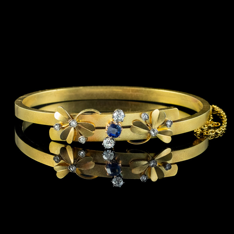 Antique Victorian French Sapphire Diamond Shamrock Bangle 18ct Gold