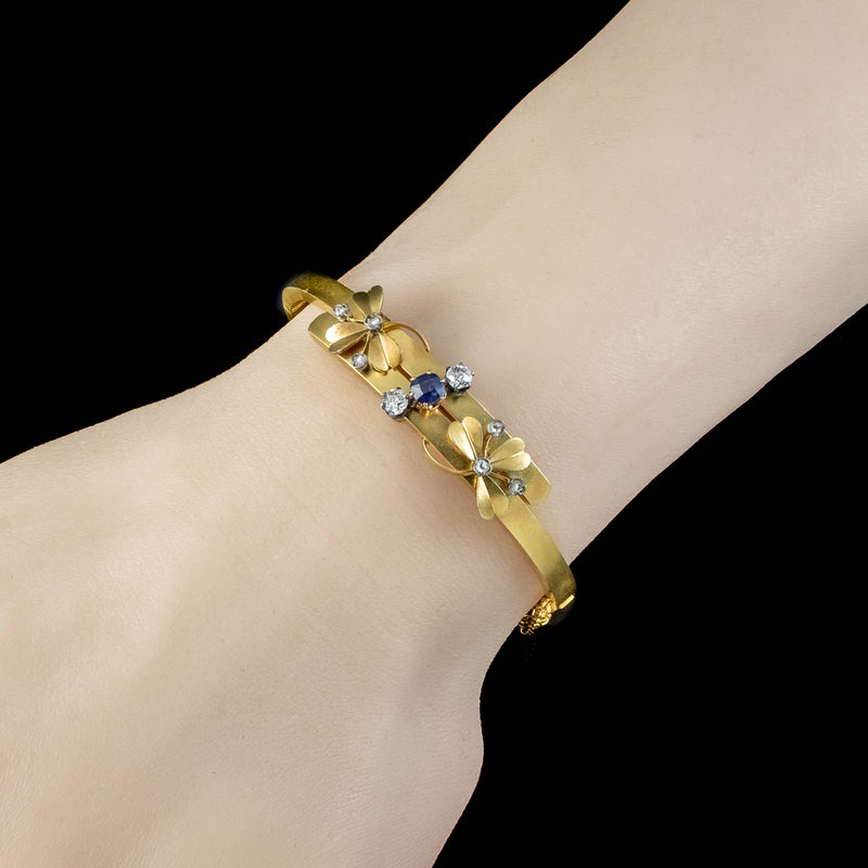 Antique Victorian French Sapphire Diamond Shamrock Bangle 18ct Gold