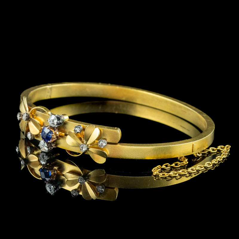 Antique Victorian French Sapphire Diamond Shamrock Bangle 18ct Gold