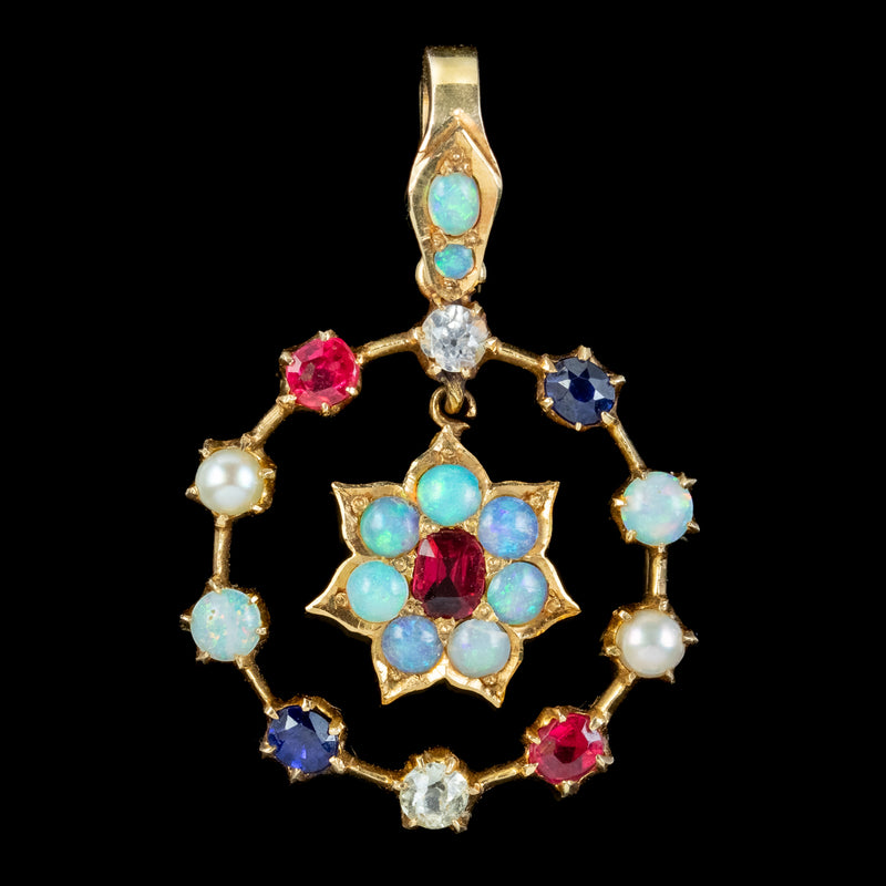 Antique Victorian Gemstone Harlequin Flower Pendant 18ct Gold