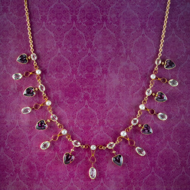 Antique Victorian Heart Dropper Necklace Aquamarine Garnet Pearl 15ct Gold