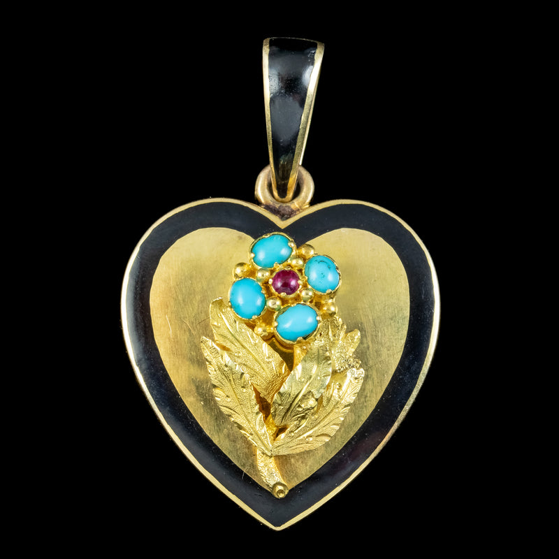 Antique Victorian Heart Locket Turquoise Ruby Forget Me Not 18ct Gold