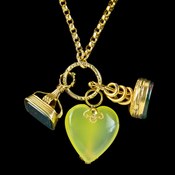 Antique Victorian Intaglio Fob And Heart Charm Necklace 18ct Gold Chain