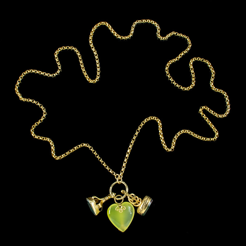 Antique Victorian Intaglio Fob And Heart Charm Necklace 18ct Gold Chain