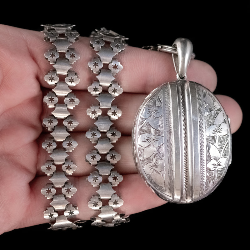 Antique-Victorian-Locket-Collar-Necklace-Silver-Circa-1890-HAND