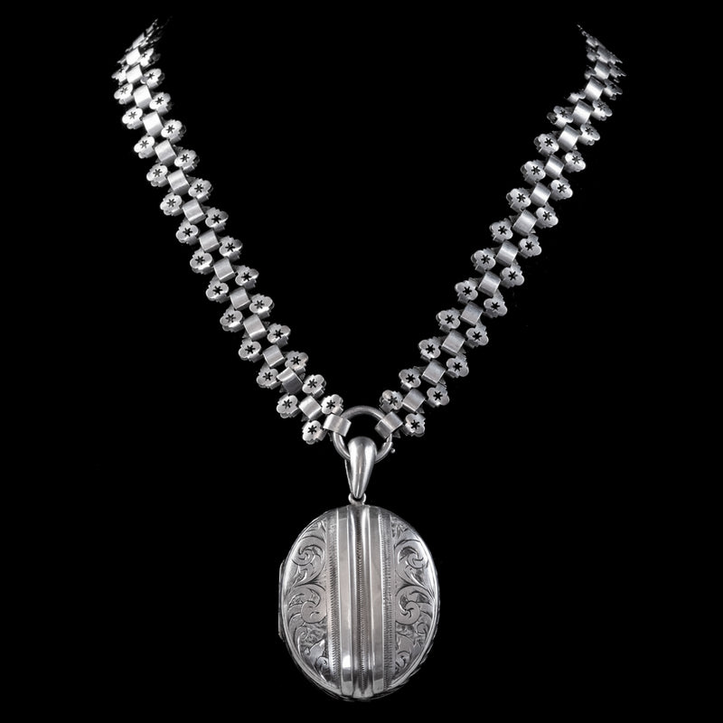 Antique-Victorian-Locket-Collar-Necklace-Silver-Circa-1890-NECK