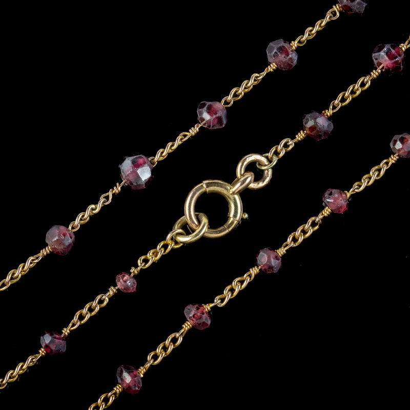 Antique Victorian Long Garnet Guard Chain 9ct Gold