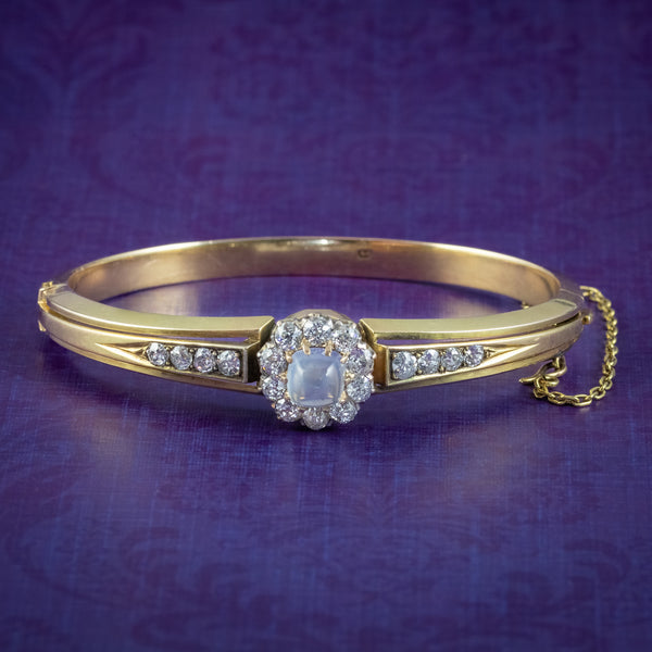 Antique Victorian Moonstone Diamond Bangle 14ct Gold 2.8ct Of Diamond