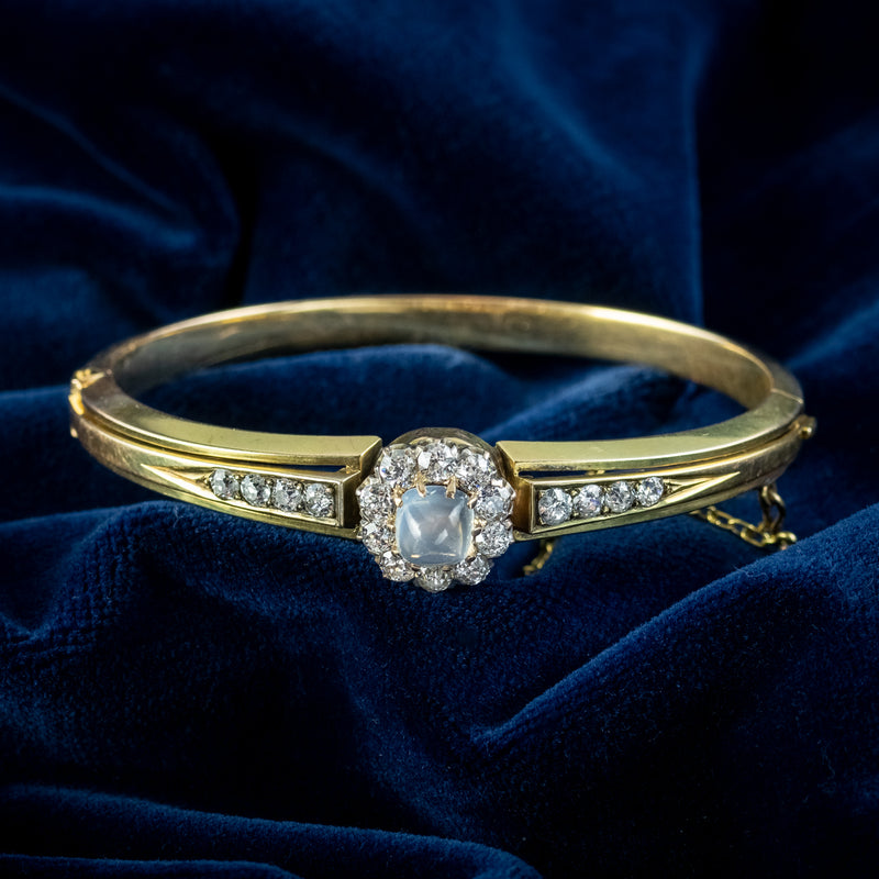 Antique Victorian Moonstone Diamond Bangle 14ct Gold 2.8ct Of Diamond