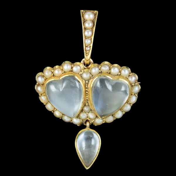 Antique Victorian Moonstone Pearl Double Heart Pendant 18ct Gold 