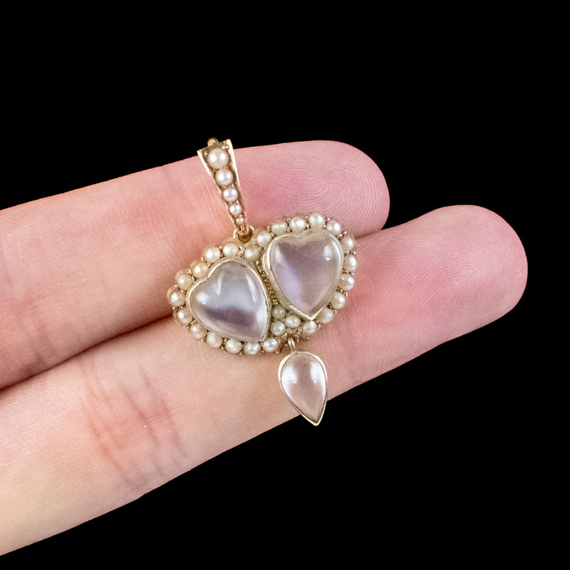Antique Victorian Moonstone Pearl Double Heart Pendant 18ct Gold 