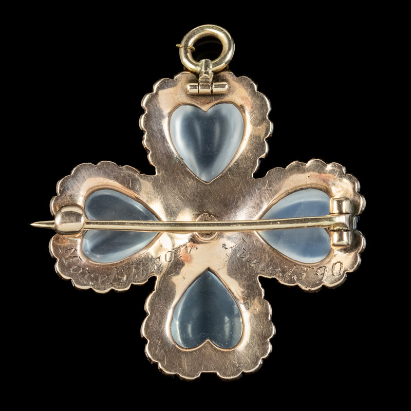 Antique Victorian Moonstone Pearl Heart Four Leaf Clover Brooch 15ct Gold