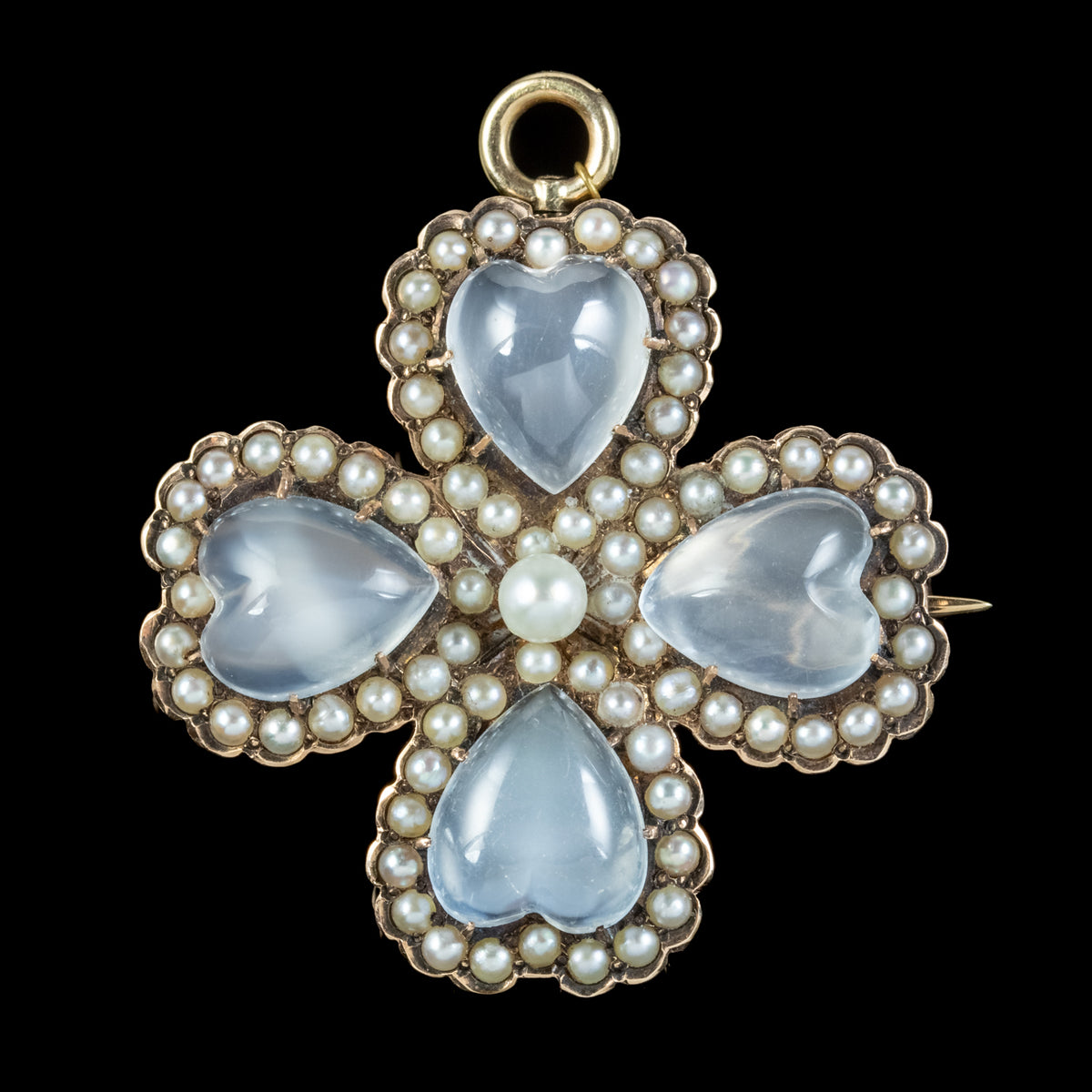 Antique Victorian Moonstone Pearl Heart Four Leaf Clover Brooch