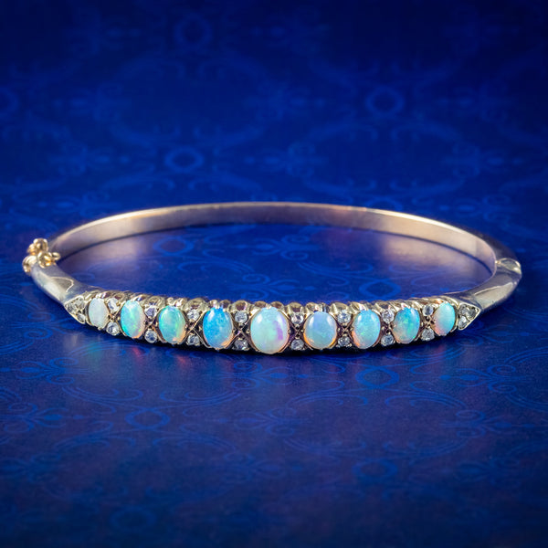 Antique Victorian Opal Diamond Bangle 9ct Gold 2.6ct Of Opal 