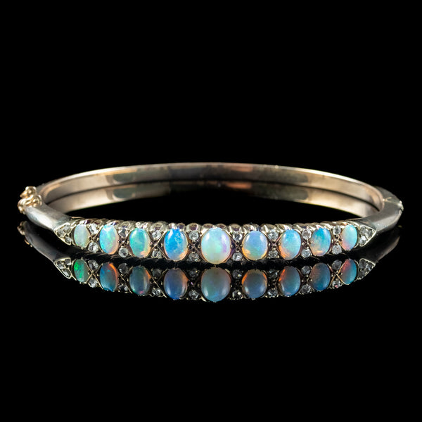 Antique Victorian Opal Diamond Bangle 9ct Gold 2.6ct Of Opal 
