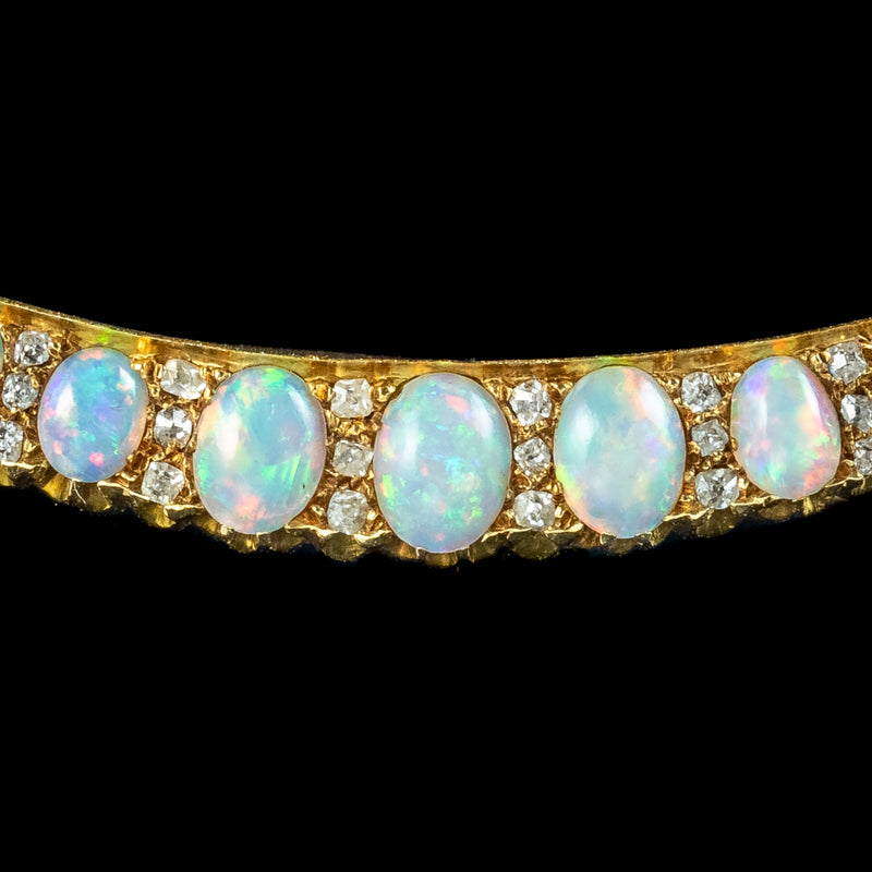 Antique Victorian Opal Diamond Crescent Moon Brooch 18ct Gold