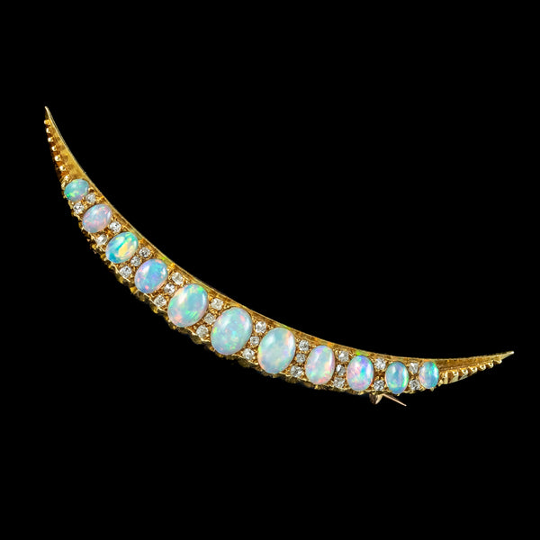 Antique Victorian Opal Diamond Crescent Moon Brooch 18ct Gold