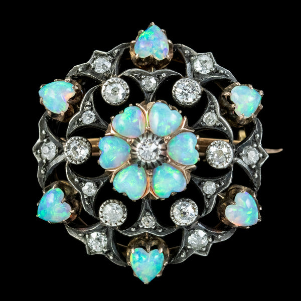 Antique Victorian Opal Heart Diamond Flower Brooch Silver 18ct Gold 