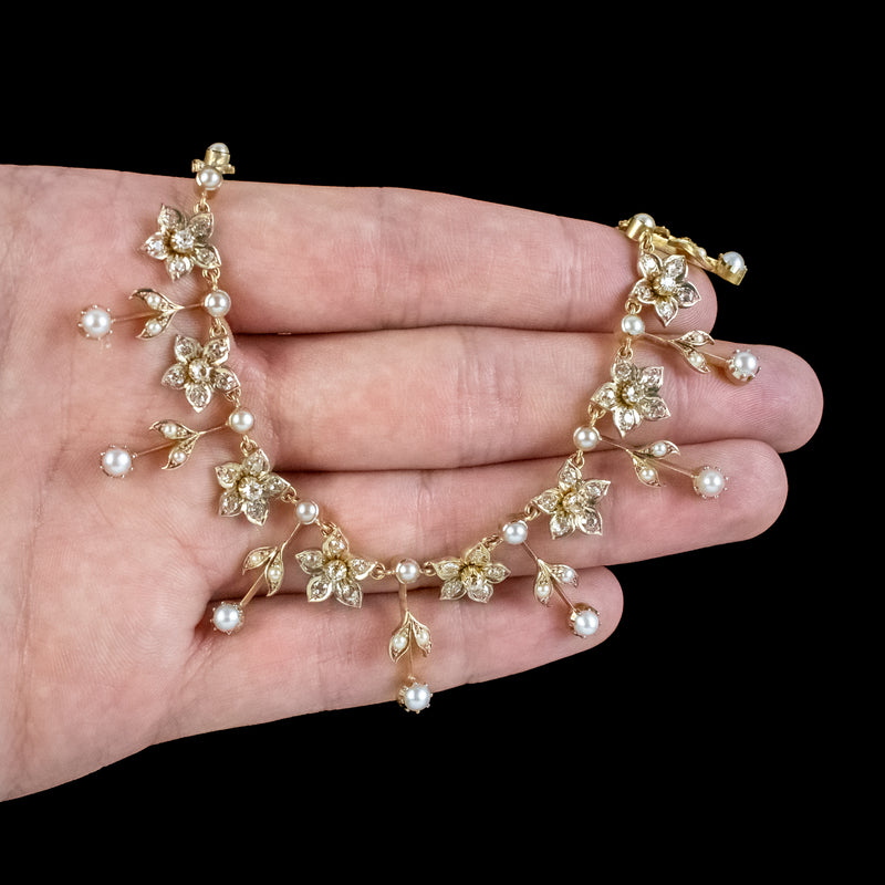 Antique Victorian Pearl Diamond Floral Necklace 18ct Gold With Box