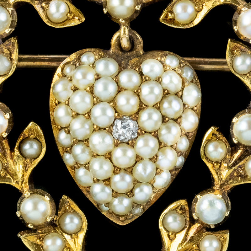 Antique Victorian Pearl Diamond Heart Brooch 15ct Gold With Locket 
