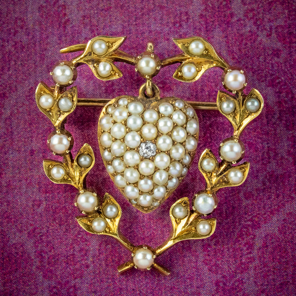 Antique Victorian Pearl Diamond Heart Brooch 15ct Gold With Locket 