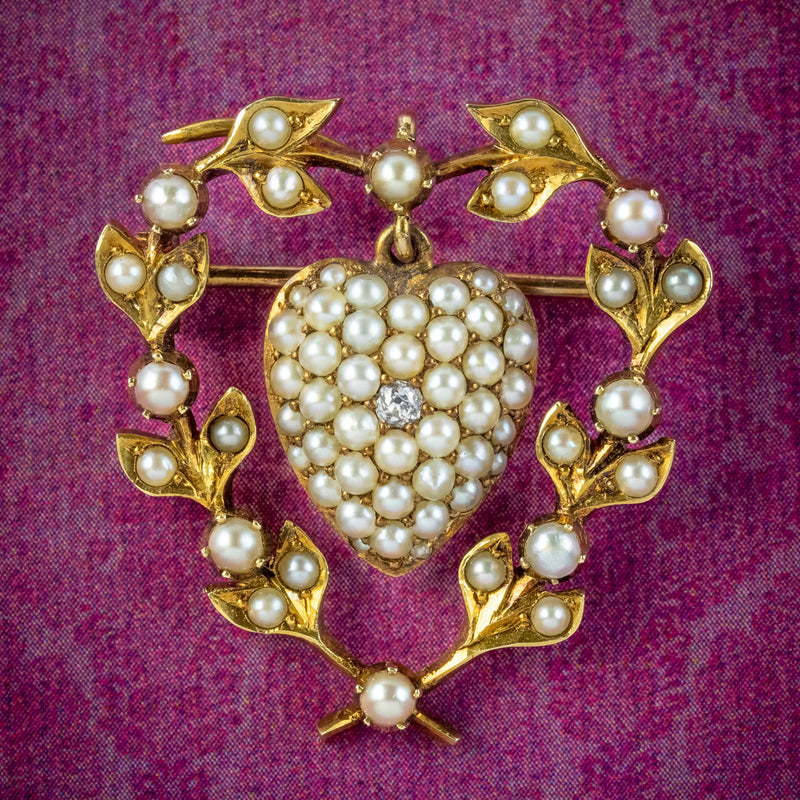Antique Victorian Pearl Diamond Heart Brooch 15ct Gold With Locket 