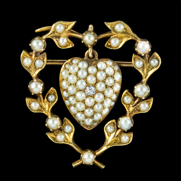 Antique Victorian Pearl Diamond Heart Brooch 15ct Gold With Locket 