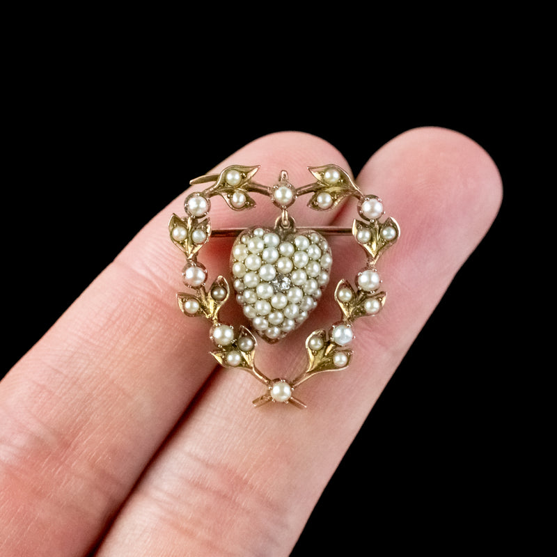Antique Victorian Pearl Diamond Heart Brooch 15ct Gold With Locket b