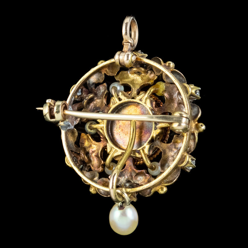 Antique Victorian Pearl Diamond Pendant Brooch 18ct Gold back