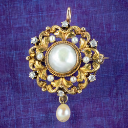 Antique Victorian Pearl Diamond Pendant Brooch 18ct Gold cover