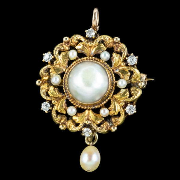 Antique Victorian Pearl Diamond Pendant Brooch 18ct Gold front