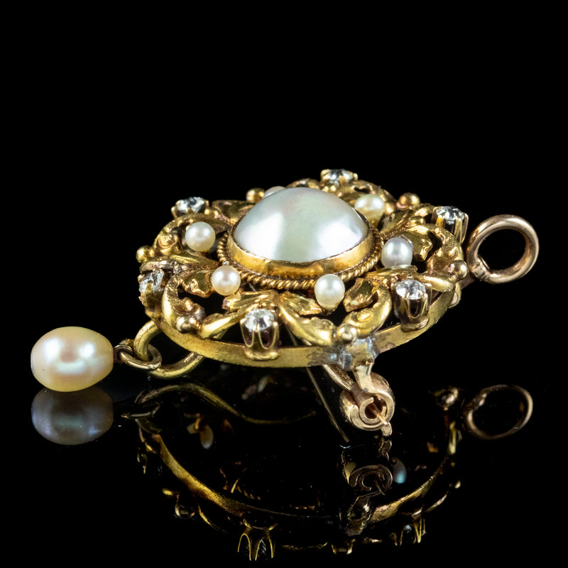Antique Victorian Pearl Diamond Pendant Brooch 18ct Gold side
