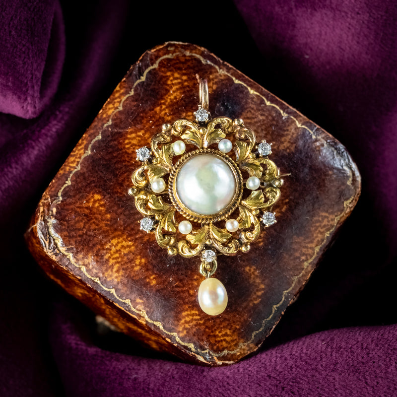 Antique Victorian Pearl Diamond Pendant Brooch 18ct Gold social