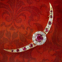 Antique Victorian Ruby Diamond Crescent Moon Brooch 1ct Of Ruby