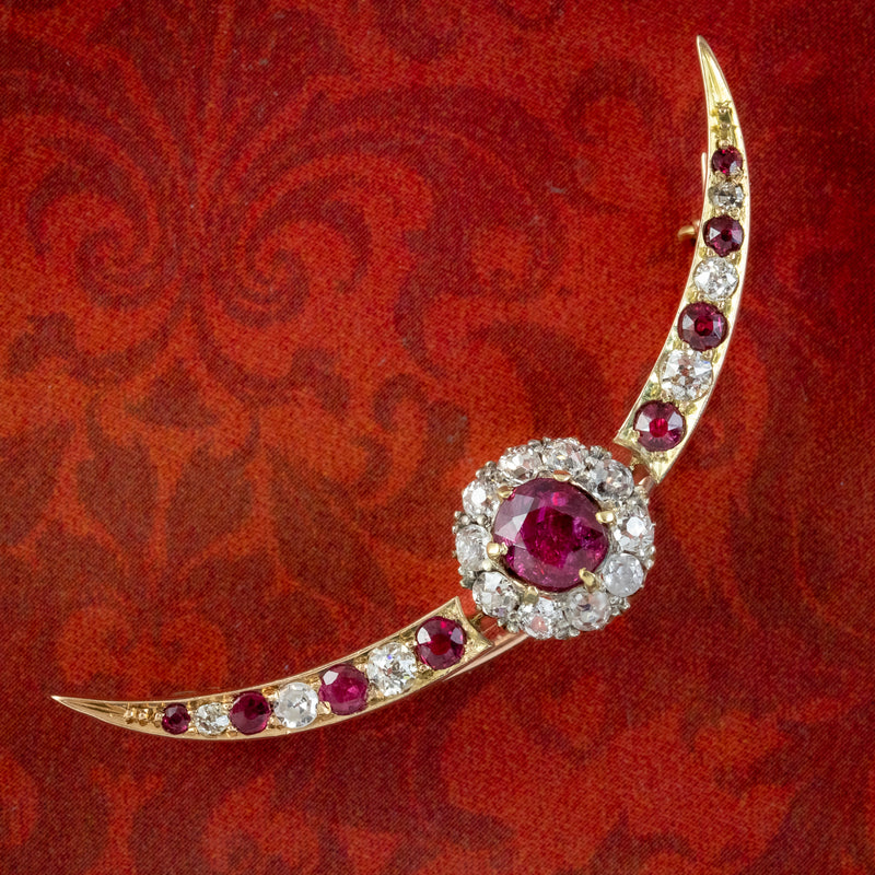 Antique Victorian Ruby Diamond Crescent Moon Brooch 1ct Of Ruby