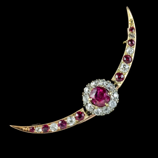 Antique Victorian Ruby Diamond Crescent Moon Brooch 1ct Of Ruby